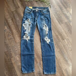 Machine Distressed Blue Skinny Jeans - 13/32